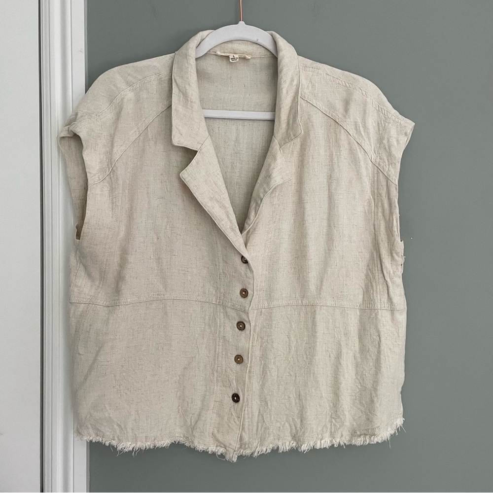 Promesa "Natural Wonder" Linen Cotton Blend Raw Edge Button Down V-Neck Shirt